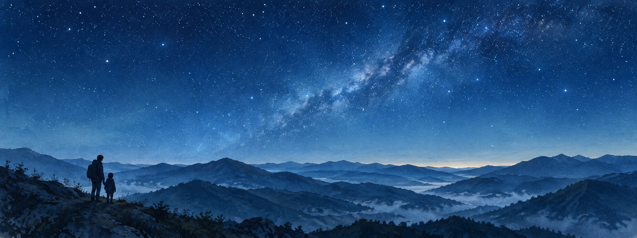 星空の下に広がる青い山並み