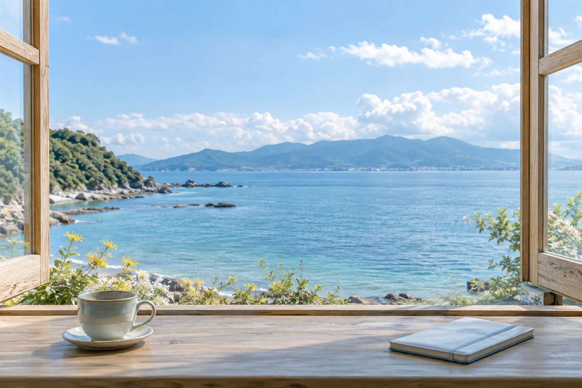 海と山を望む明るいカフェの窓辺