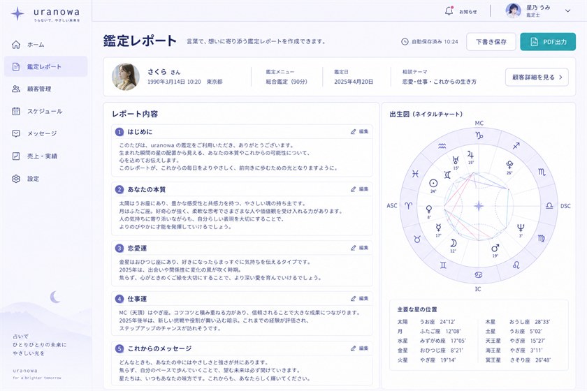 鑑定内容とホロスコープをまとめるレポート画面イメージ