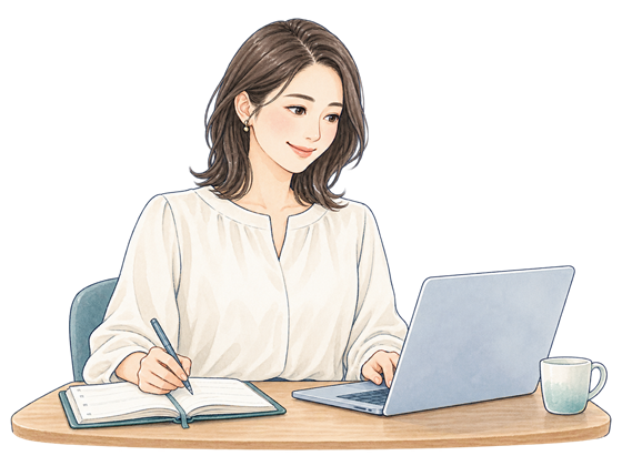 ノートパソコンと手帳で仕事を整理する占い師のイラスト